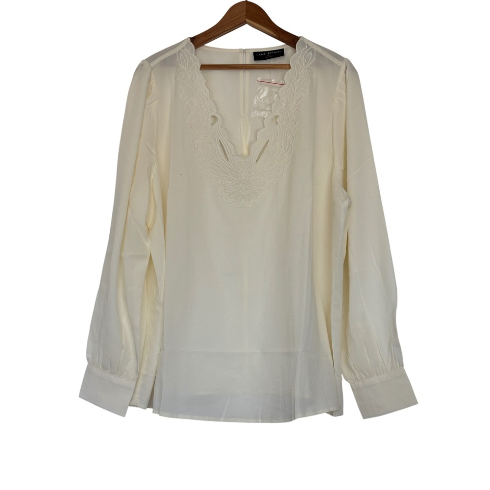 Lane Bryant Ivory Embroidered V-Neck Blouse Long Sleeve Plus Size 14/16 Career